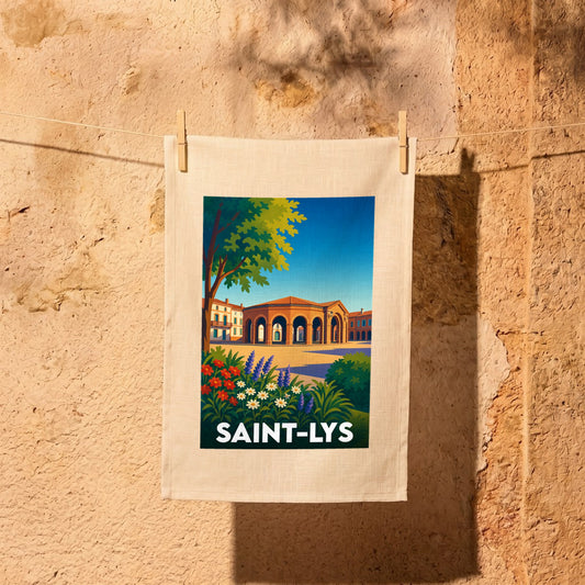 Torchon souvenir de la ville de Saint-Lys orné d'une illustration stylisée de sa halle centrale.