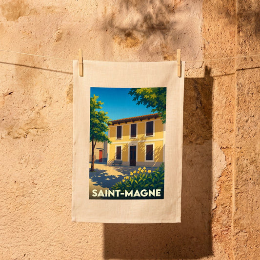 Torchon souvenir de la ville de Saint-Magne illustré par une scène de village ensoleillée.
