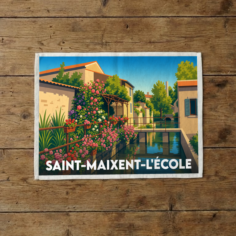 Torchon souvenir de la ville de Saint-Maixent-l'École avec une illustration colorée et bucolique représentant un canal fleuri.