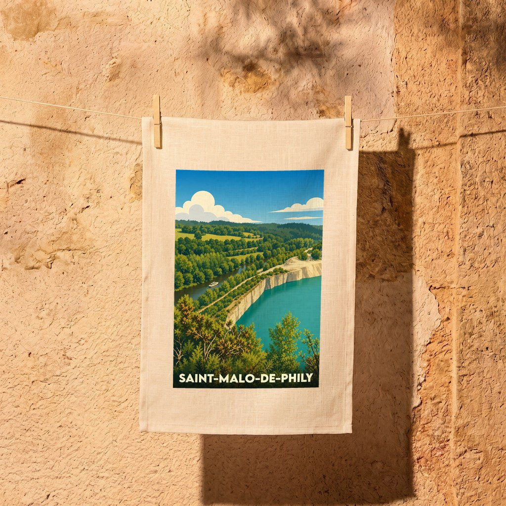 Torchon souvenir de la ville de Saint-Malo-de-Phily avec une illustration stylisée d'un paysage naturel.