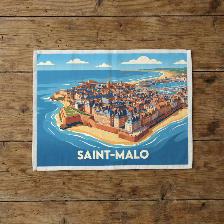 Torchon souvenir de la ville de Saint-Malo avec une illustration stylisée de ses remparts et du littoral.
