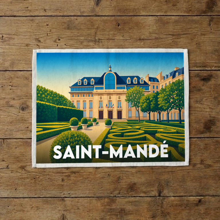 Torchon souvenir de la ville de Saint-Mandé avec une illustration stylisée de son hôtel de ville et ses jardins.