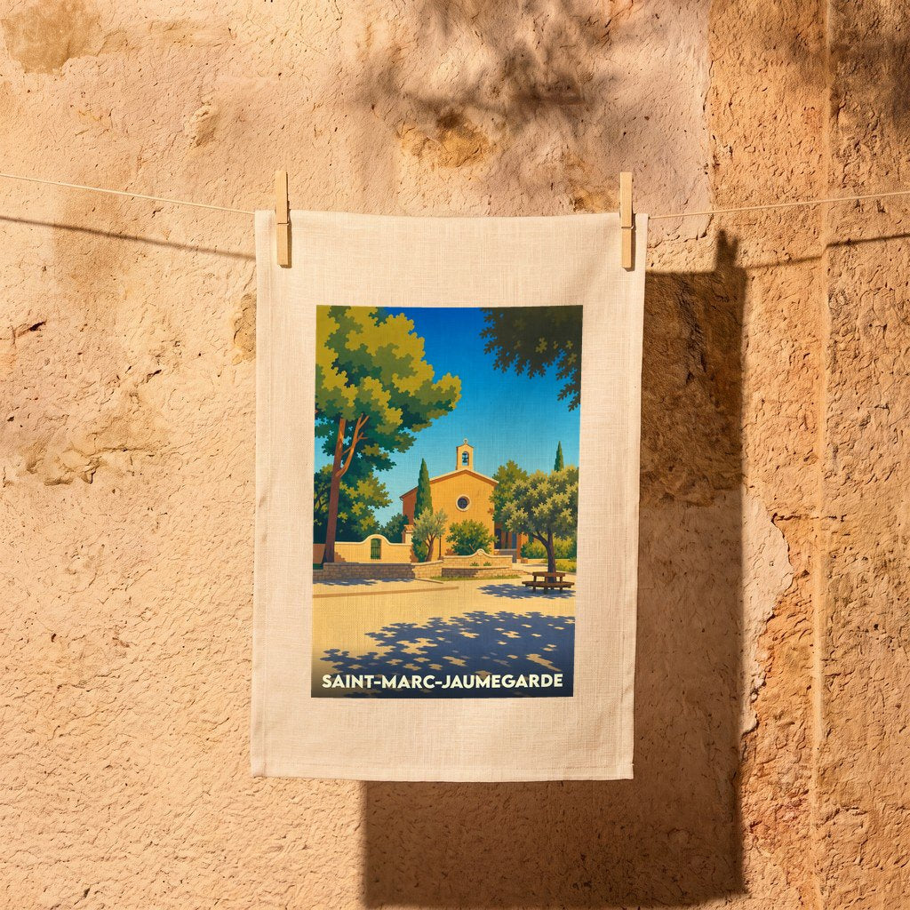 Torchon souvenir de Saint-Marc-Jaumegarde avec une illustration stylisée d'un paysage provençal ensoleillé.