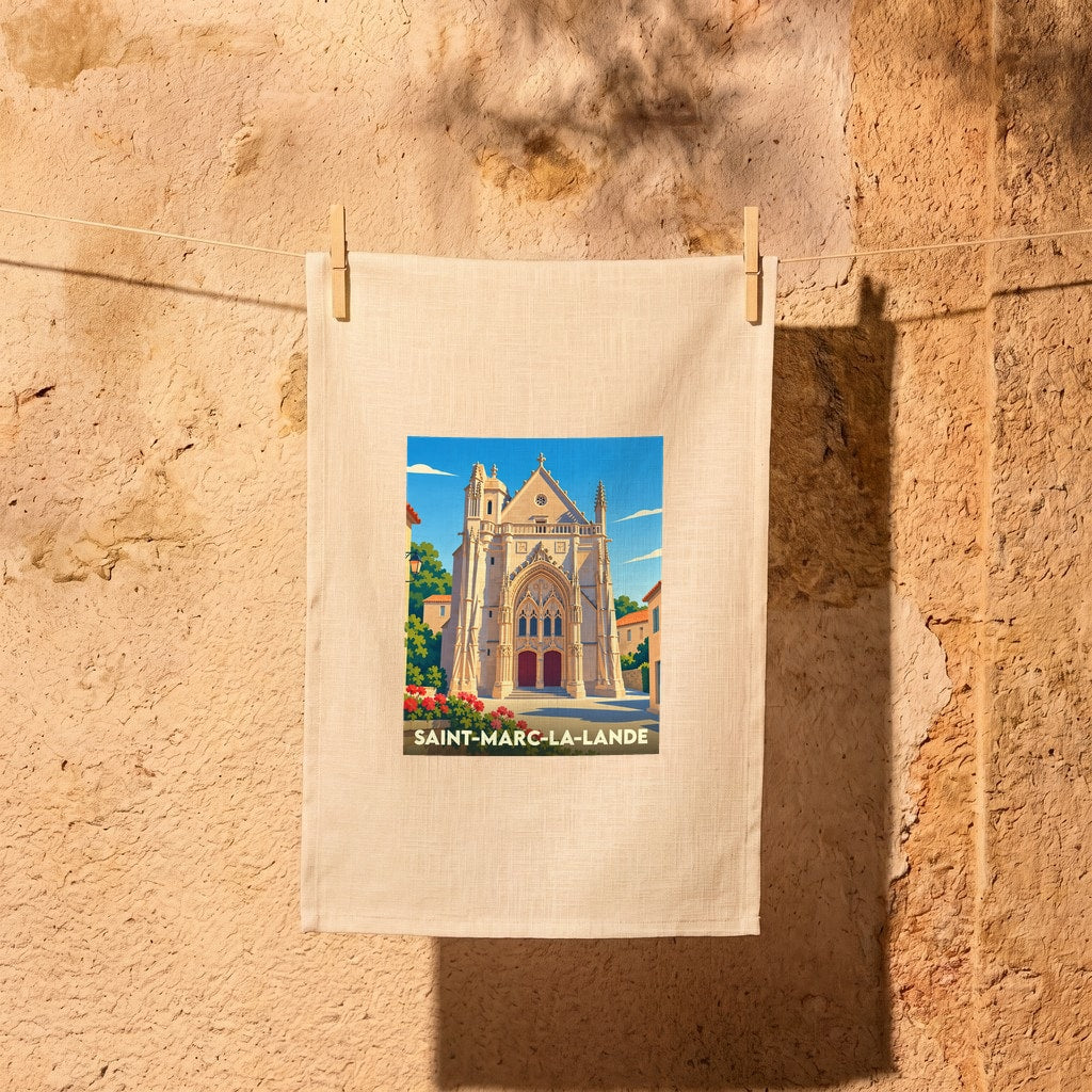 Torchon souvenir de la ville de Saint-Marc-la-Lande avec une illustration stylisée de son église collégiale.