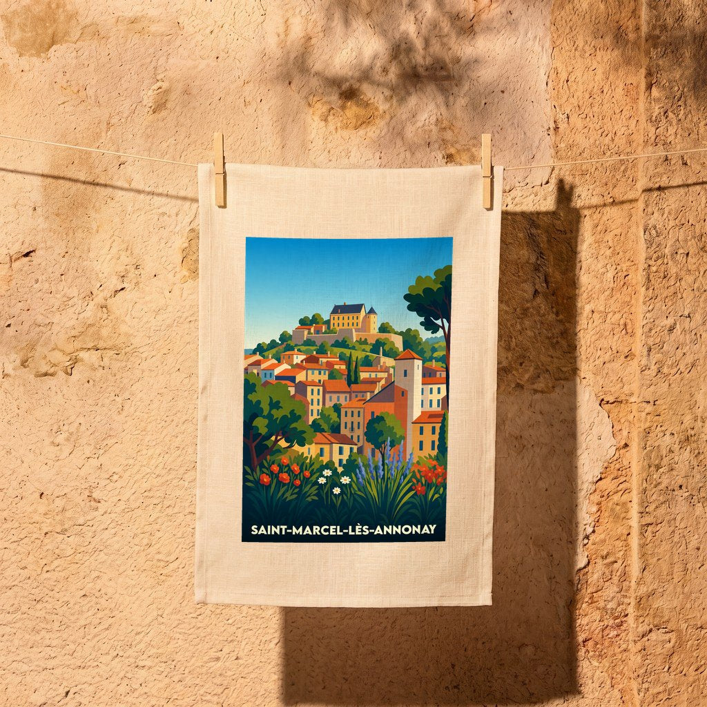 Torchon souvenir de la ville de Saint-Marcel-lès-Annonay illustré par un paysage de village coloré et stylisé.