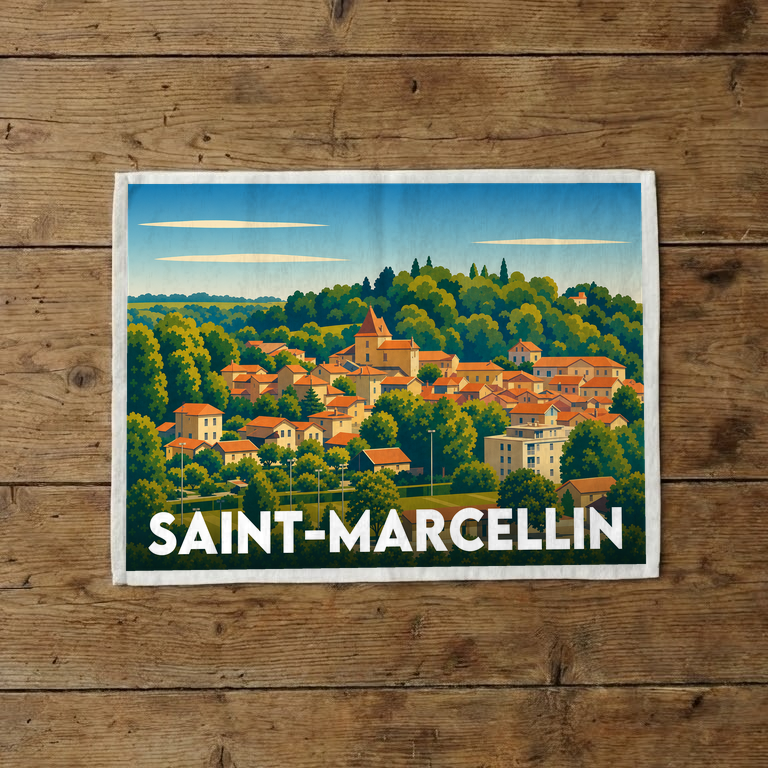 Torchon souvenir de la ville de Saint-Marcellin avec une illustration stylisée de son paysage urbain verdoyant.