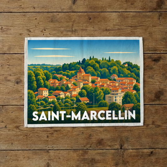 Torchon souvenir de la ville de Saint-Marcellin avec une illustration stylisée de son paysage urbain verdoyant.