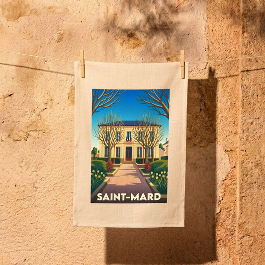 Torchon souvenir de la ville de Saint-Mard avec une illustration stylisée de sa mairie.