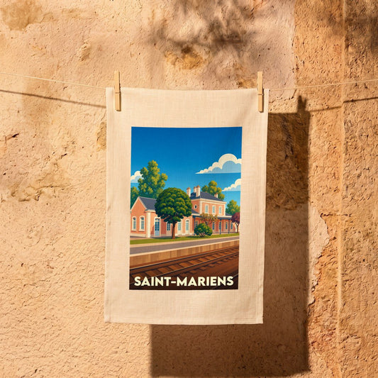 Torchon souvenir de la ville de Saint-Mariens illustré d'une gare stylisée.
