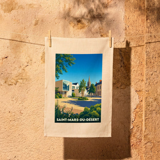 Torchon souvenir de la ville de Saint-Mars-du-Désert avec une illustration stylisée.