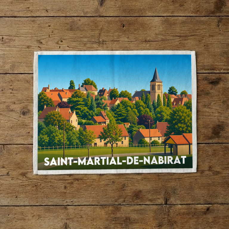 Torchon souvenir de la ville de Saint-Martial-de-Nabirat avec une illustration stylisée du village.