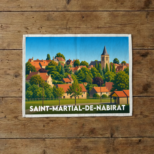 Torchon souvenir de la ville de Saint-Martial-de-Nabirat avec une illustration stylisée du village.