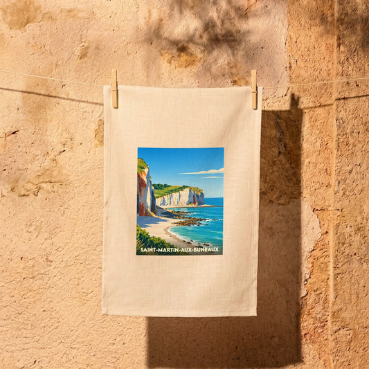 Torchon souvenir de la ville de Saint-Martin-aux-Buneaux avec une illustration stylisée de ses falaises.
