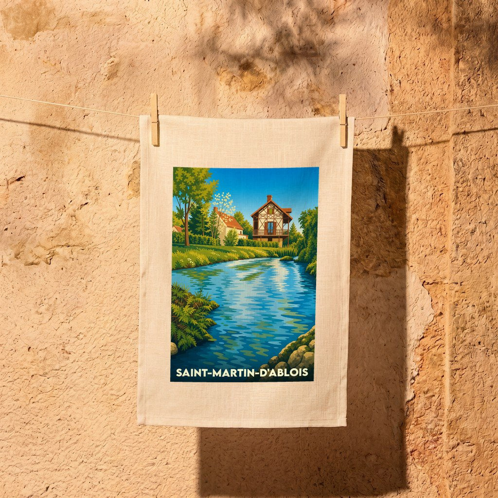 Torchon souvenir de la ville de Saint-Martin-d'Ablois illustré par un paysage champêtre stylisé au bord de l'eau.