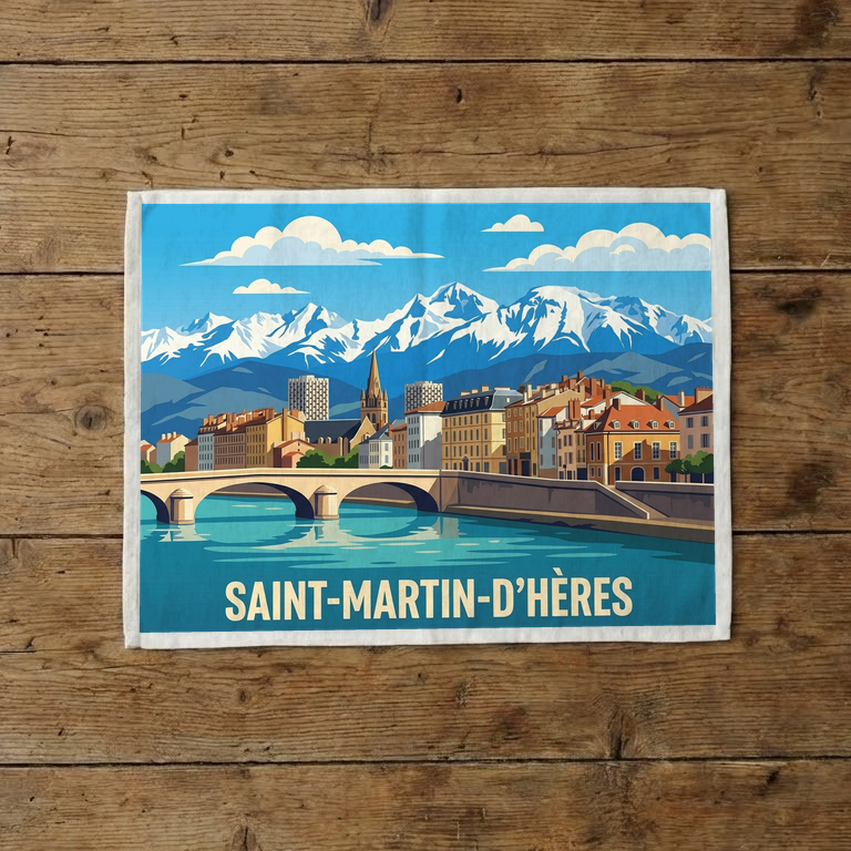 Torchon souvenir de la ville de Saint-Martin-d'Hères avec une illustration stylisée.