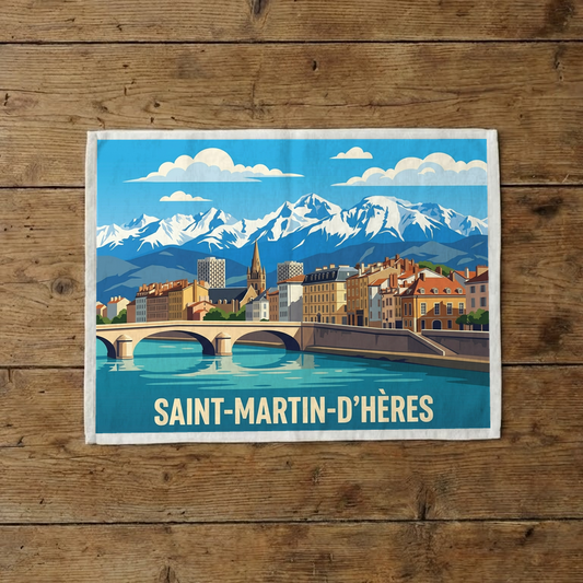 Torchon souvenir de la ville de Saint-Martin-d'Hères avec une illustration stylisée.