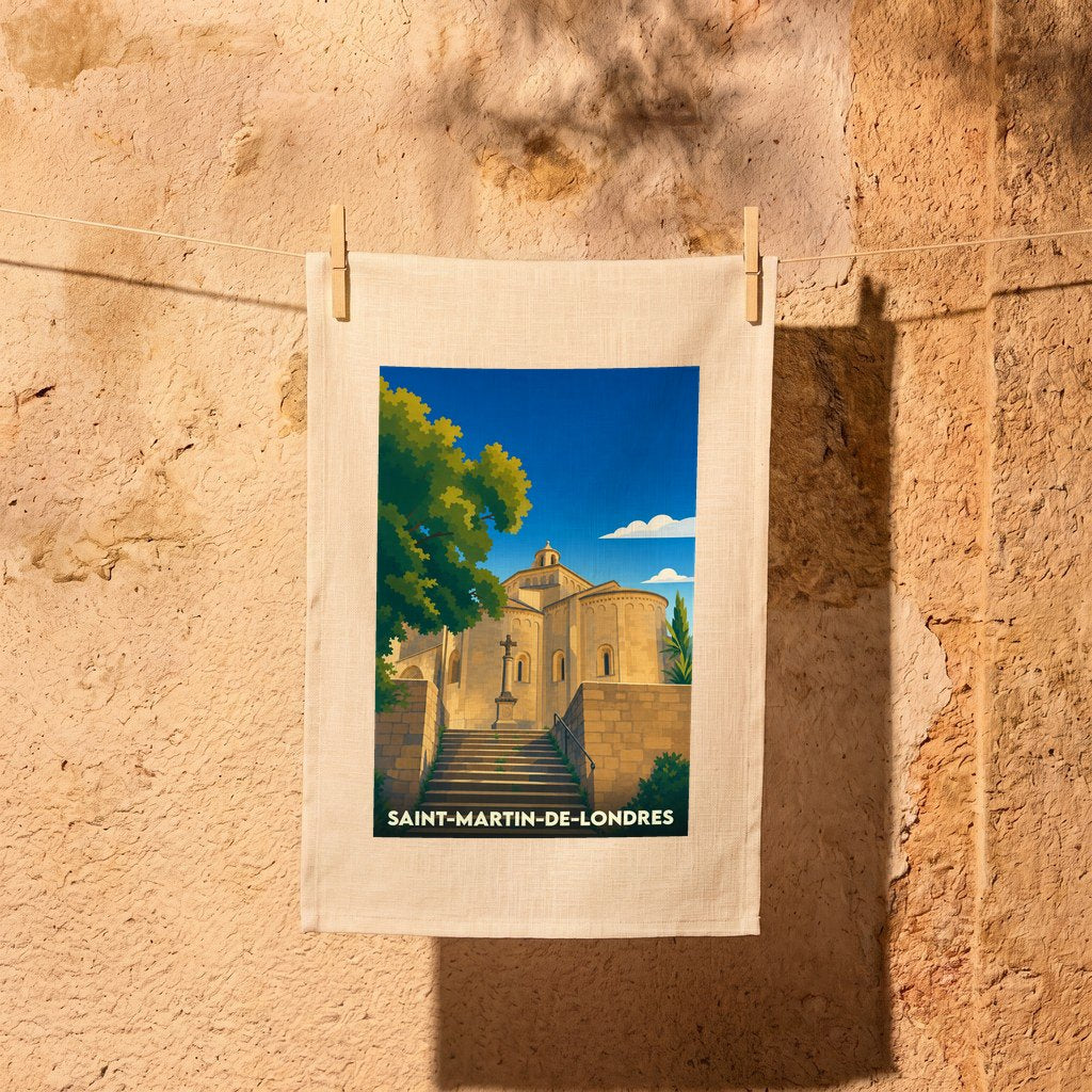 Torchon souvenir de la ville de Saint-Martin-de-Londres avec une illustration stylisée de son église romane.