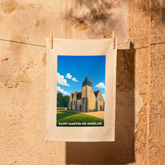 Torchon souvenir de Saint-Martin-de-Nigelles orné d'une illustration stylisée de son église.