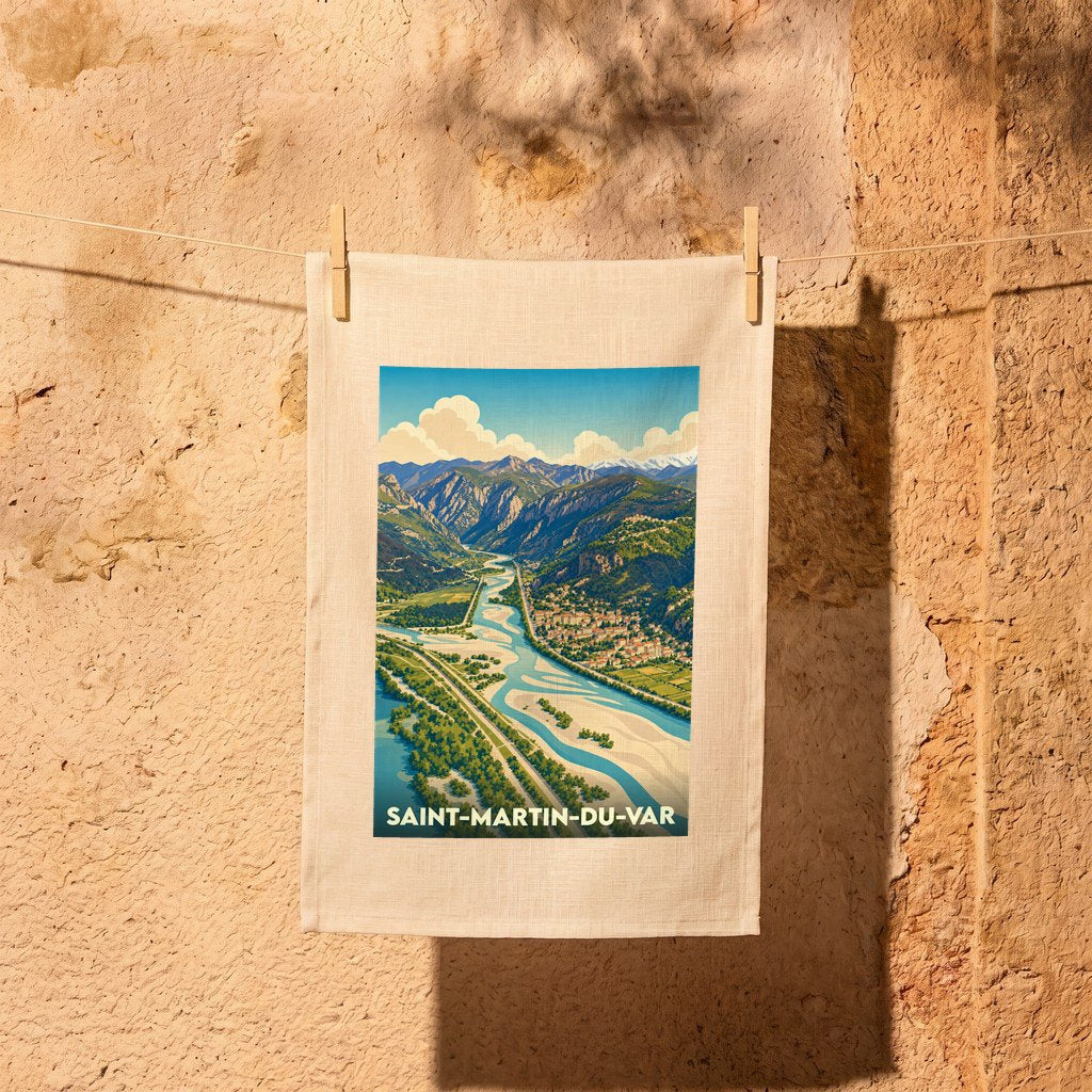 Torchon souvenir de la ville de Saint-Martin-du-Var avec une illustration stylisée de la vallée du Var.