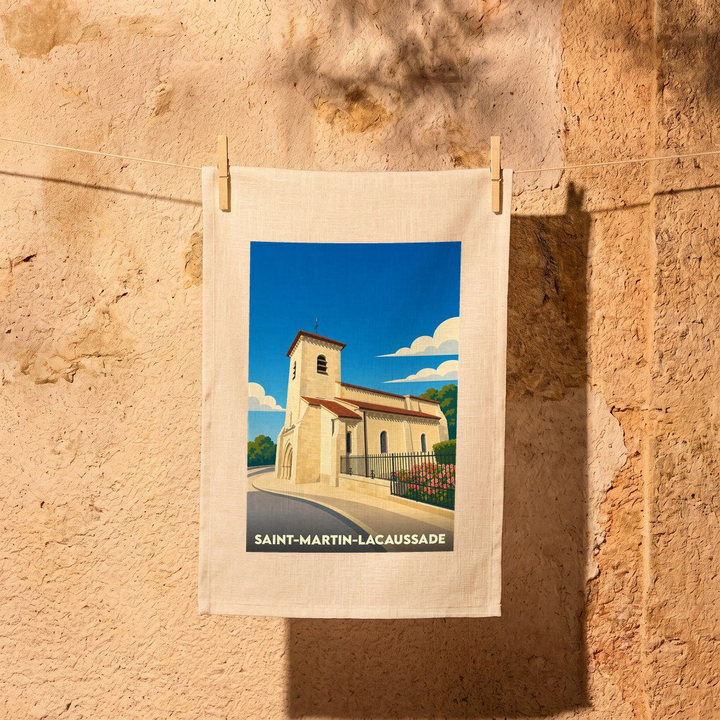 Torchon souvenir de Saint-Martin-Lacaussade avec une illustration stylisée de son église sous un ciel bleu.