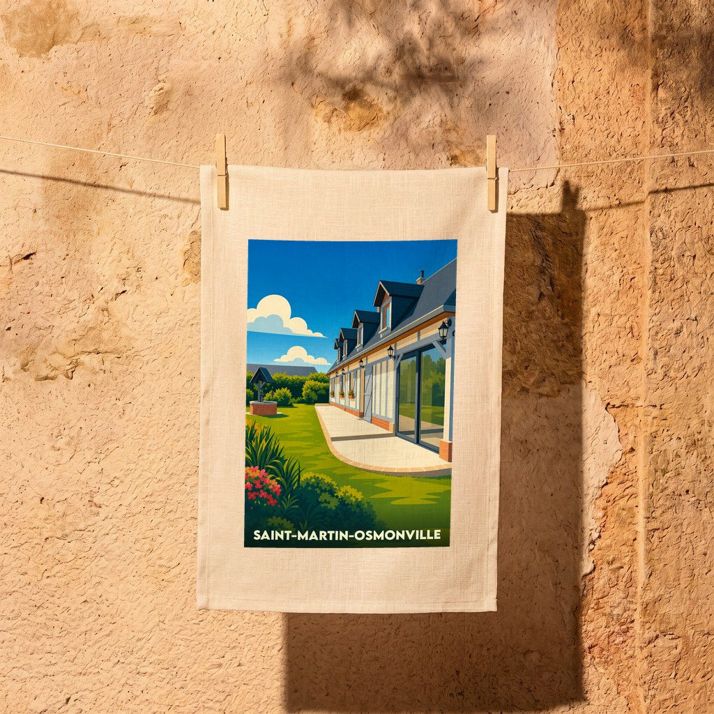 Torchon souvenir de la ville de Saint-Martin-Osmonville avec une illustration stylisée d'une maison normande et son jardin.