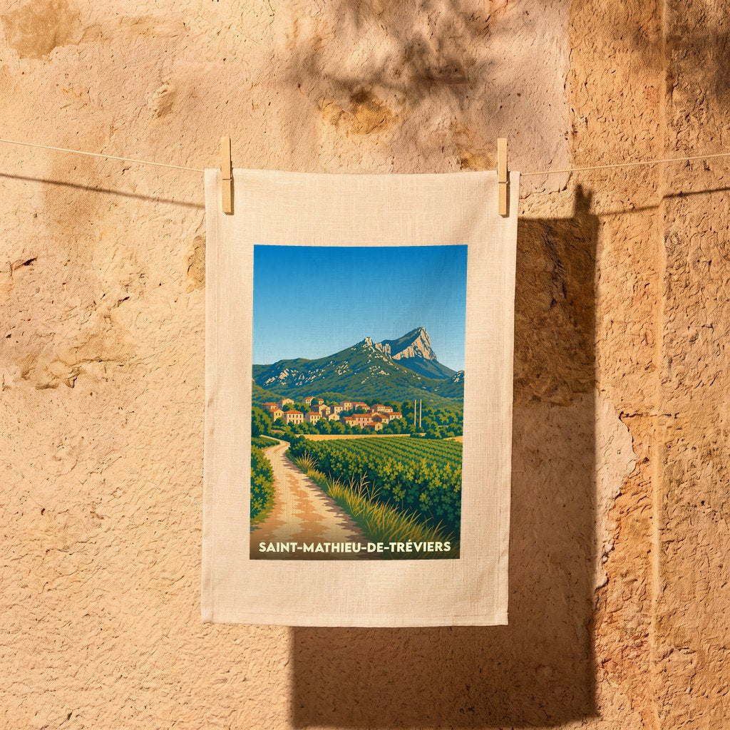 Torchon souvenir de la ville de Saint-Mathieu-de-Tréviers illustré d'un paysage stylisé du Pic Saint-Loup.