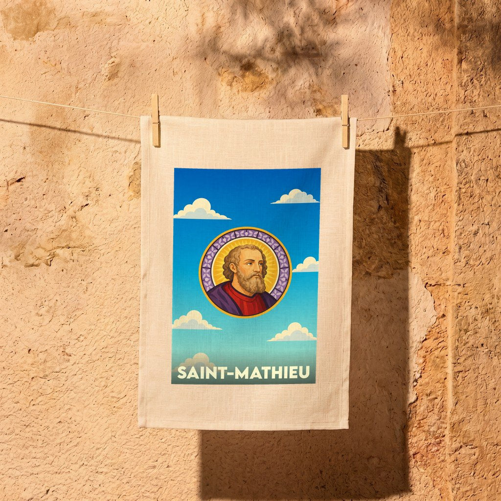 Torchon souvenir de la ville de Saint-Mathieu orné d'un portrait illustré du saint sur fond de ciel nuageux.