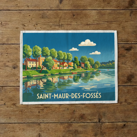 Torchon souvenir de la ville de Saint-Maur-des-Fossés avec une illustration stylisée des bords de Marne.