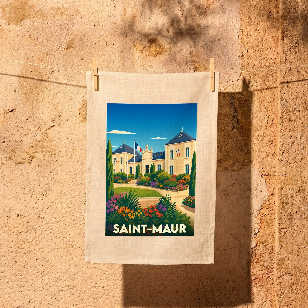 Torchon souvenir de la ville de Saint-Maur avec une illustration stylisée.