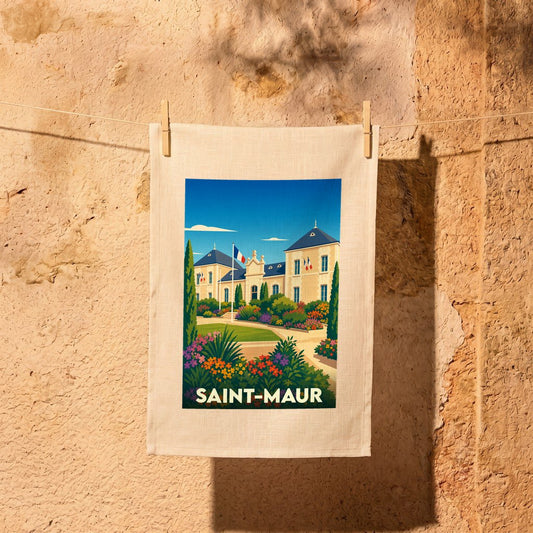 Torchon souvenir de la ville de Saint-Maur avec une illustration stylisée.