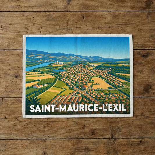 Torchon souvenir de la ville de Saint-Maurice-l'Exil avec une illustration stylisée d'un paysage aérien.