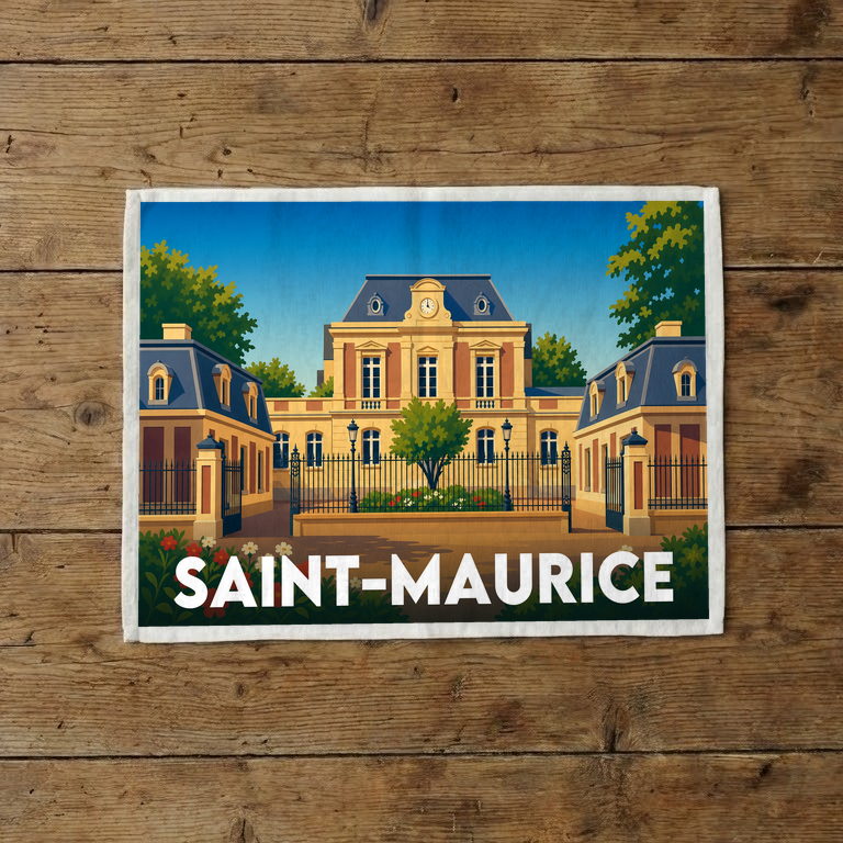 Torchon souvenir de la ville de Saint-Maurice avec une illustration stylisée de son architecture.