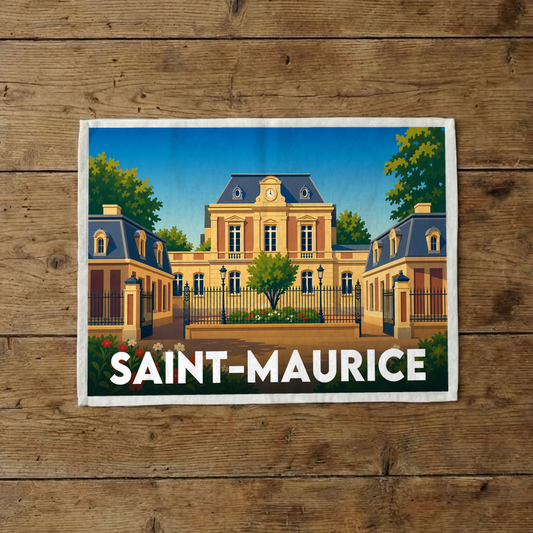 Torchon souvenir de la ville de Saint-Maurice avec une illustration stylisée de son architecture.