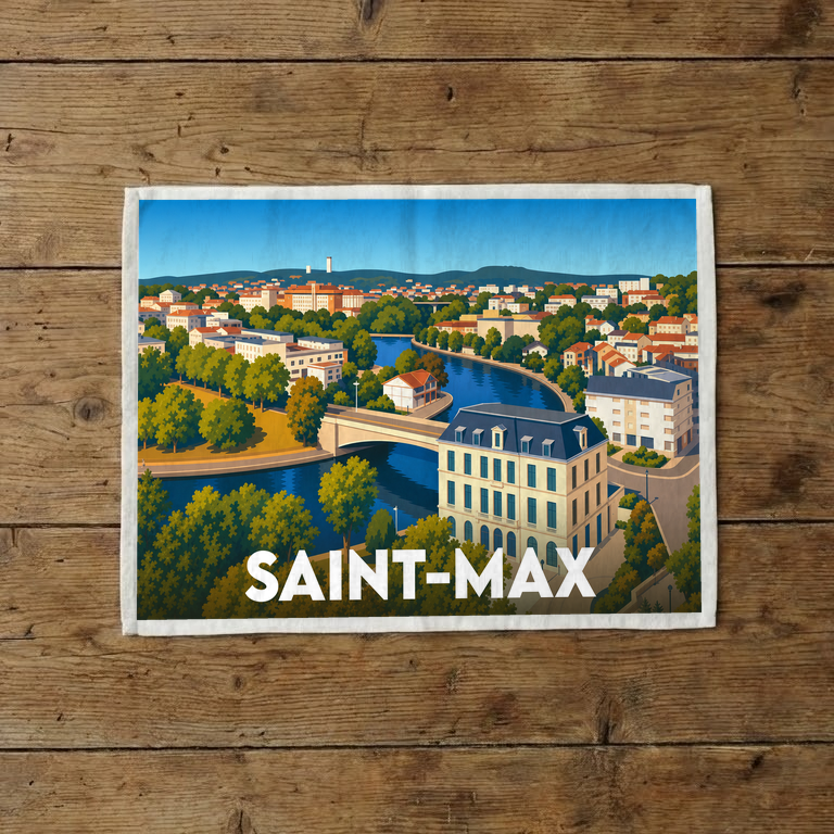 Torchon souvenir de la ville de Saint-Max avec une illustration stylisée.