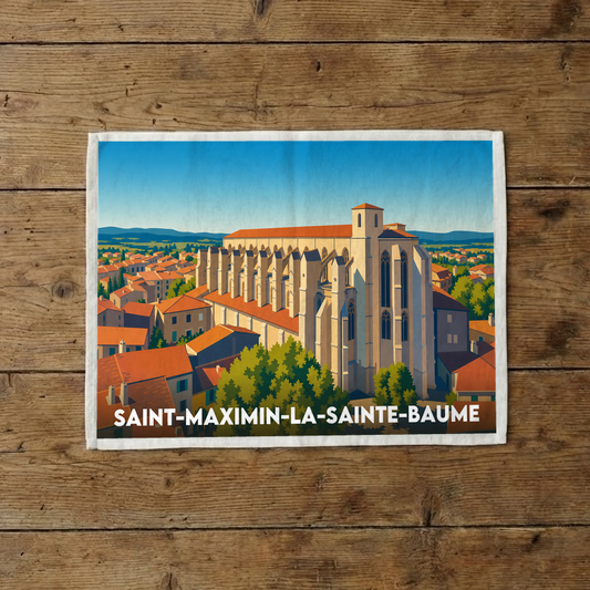 Torchon souvenir de la ville de Saint-Maximin-la-Sainte-Baume avec une illustration stylisée de sa basilique.