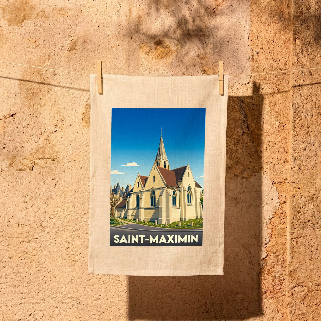 Torchon souvenir de la ville de Saint-Maximin avec une illustration stylisée d'une église sous un ciel bleu.