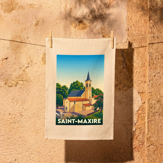 Torchon souvenir de la ville de Saint-Maxire avec une illustration stylisée d'une église sous un ciel bleu.
