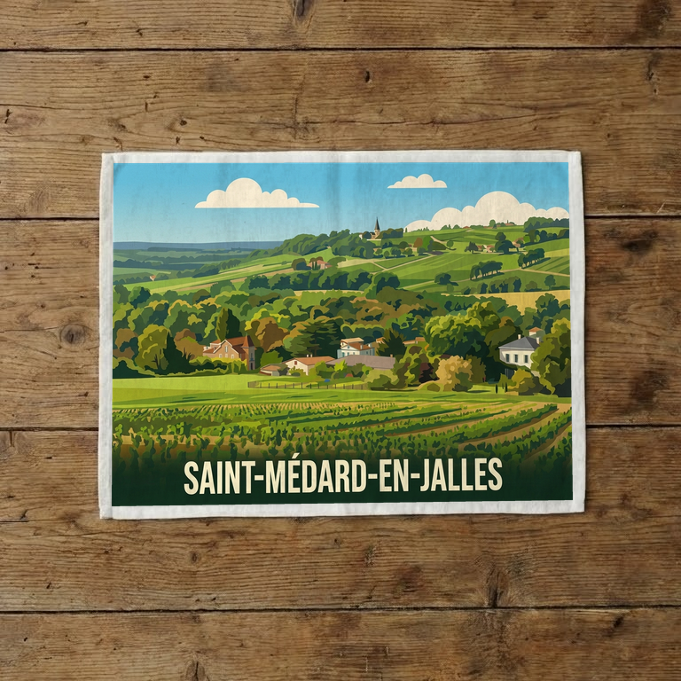 Torchon souvenir de la ville de Saint-Médard-en-Jalles avec une illustration stylisée.