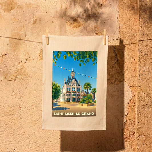 Torchon souvenir de la ville de Saint-Méen-le-Grand avec une illustration stylisée de son hôtel de ville.