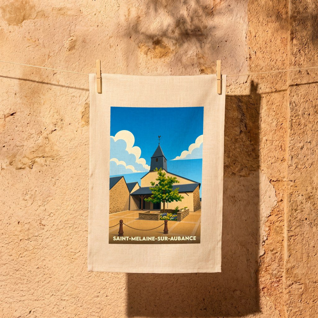 Torchon souvenir de la ville de Saint-Melaine-sur-Aubance illustrant son église avec un style graphique épuré.