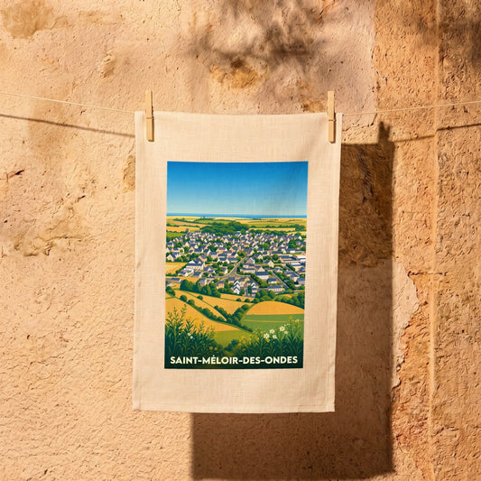 Torchon souvenir de la ville de Saint-Méloir-des-Ondes avec une illustration stylisée et colorée de la commune.