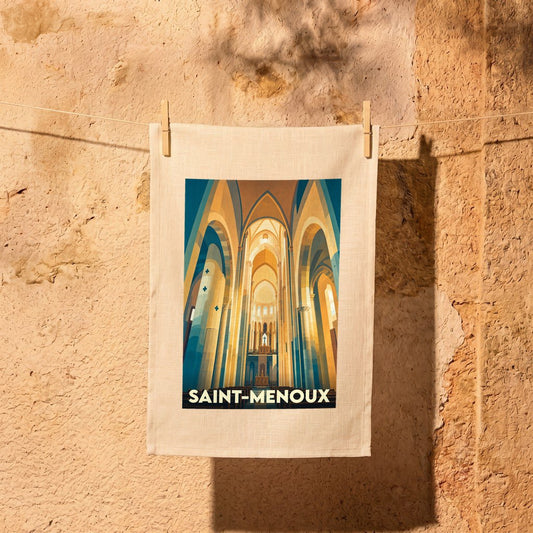 Torchon souvenir de la ville de Saint-Menoux illustré d'une vue stylisée de l'intérieur d'une église.
