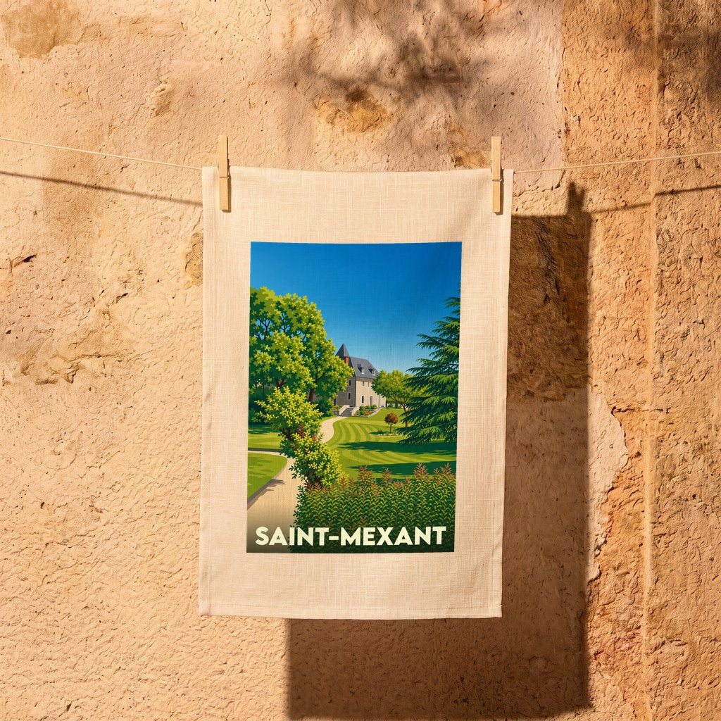 Torchon souvenir de la ville de Saint-Mexant avec une illustration stylisée d'un manoir et de son parc paysager.
