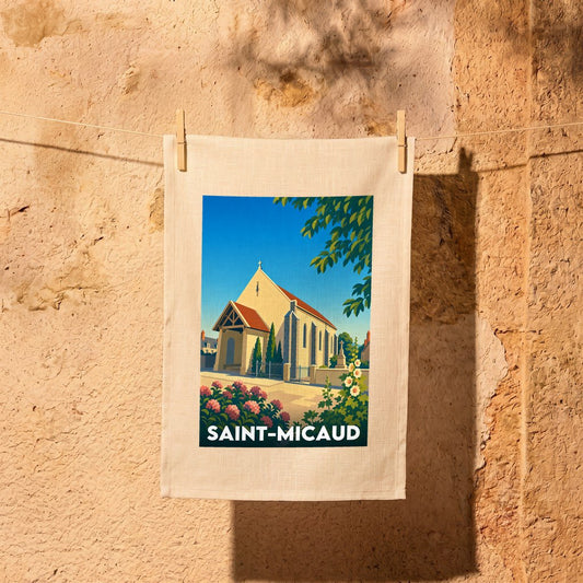 Torchon souvenir de la ville de Saint-Micaud illustré d'une église de style vintage.