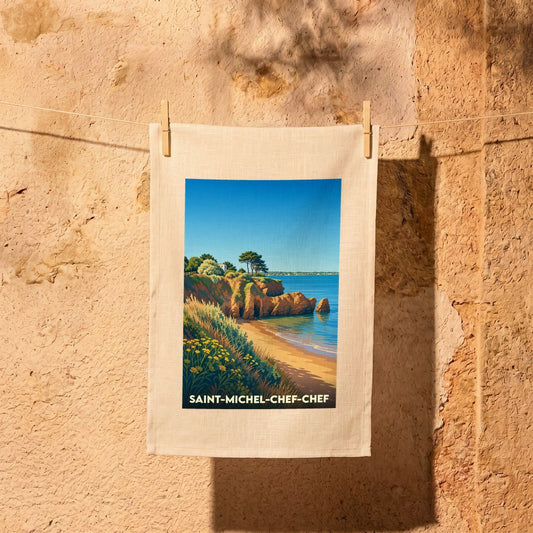 Torchon souvenir de la ville de Saint-Michel-Chef-Chef avec une illustration stylisée du littoral.