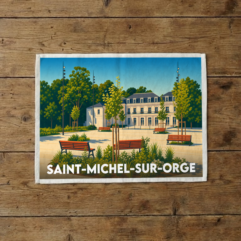 Torchon souvenir de la ville de Saint-Michel-sur-Orge avec une illustration stylisée d'un parc et de son château.