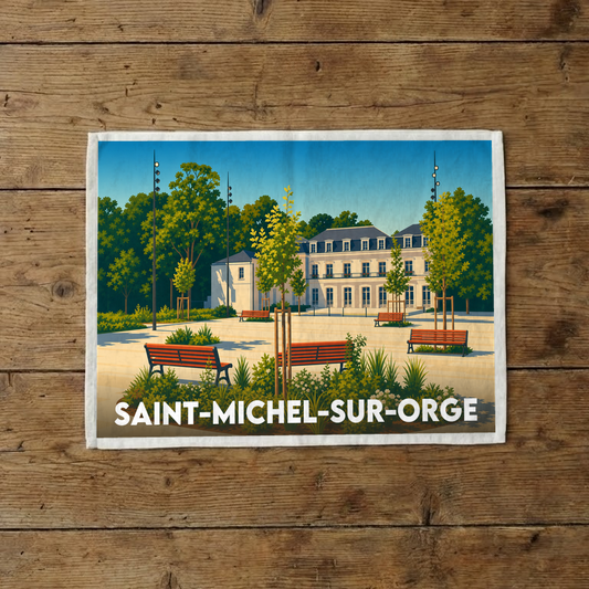 Torchon souvenir de la ville de Saint-Michel-sur-Orge avec une illustration stylisée d'un parc et de son château.