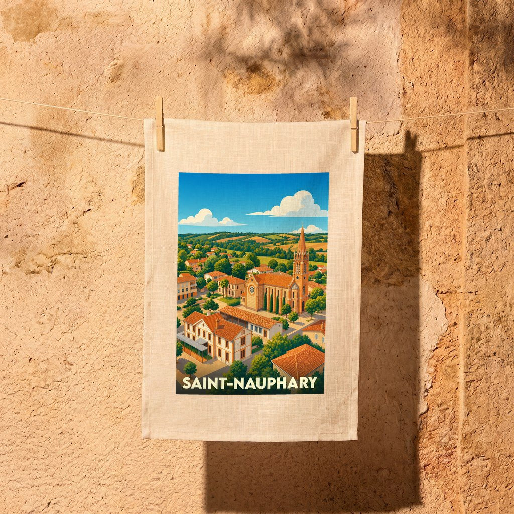 Torchon souvenir de la ville de Saint-Nauphary avec une illustration stylisée de son église et ses toits typiques.