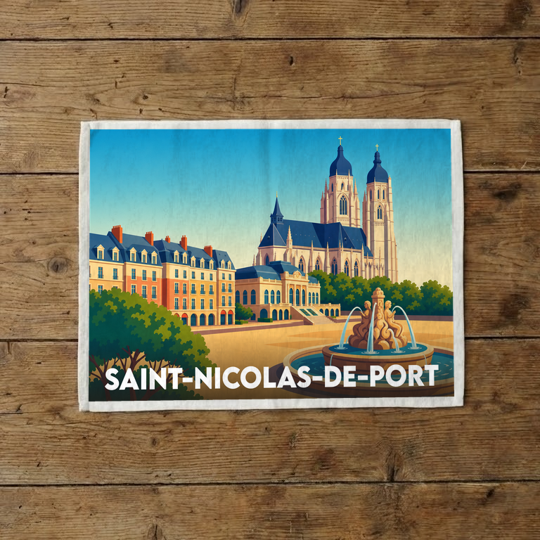 Torchon souvenir de la ville de Saint-Nicolas-de-Port orné d'une illustration stylisée de sa basilique et de sa place.