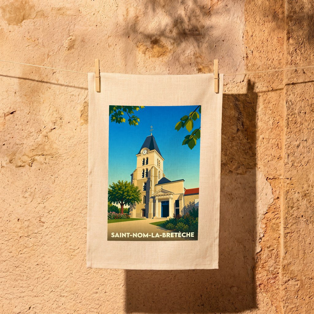 Torchon souvenir de la ville de Saint-Nom-la-Bretèche avec une illustration stylisée de son église.